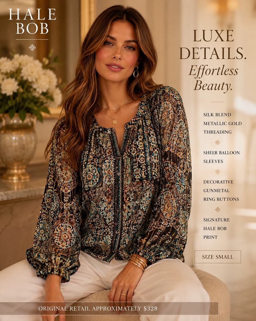 Hale Bob Silk Blend Metallic Gold Boho Peasant Blouse Sheer Balloon Sleeves S